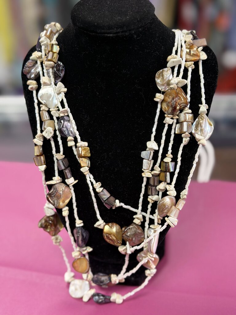 Multi Strand Necklace Brown Toned Shell & Glass Beads