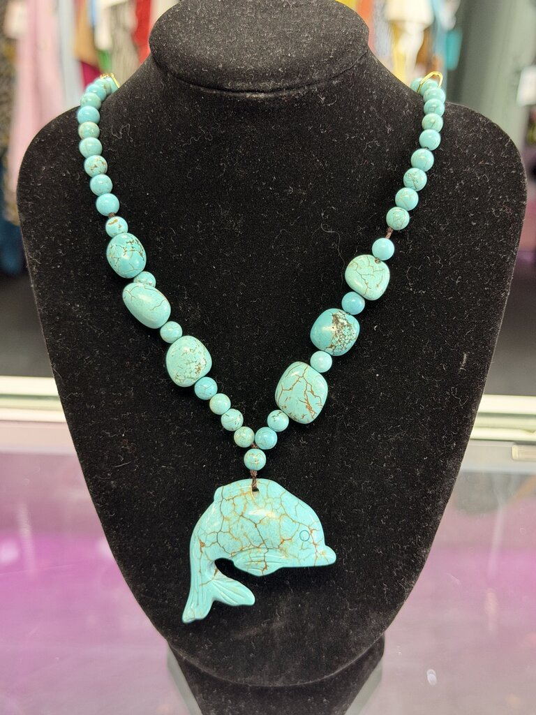 Faux Turquoise Dolphin Pendant Beaded Stone Necklace