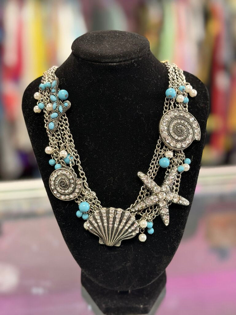 Rhinestone Seashell Multiple Strand and Aqua Beads Necklace
