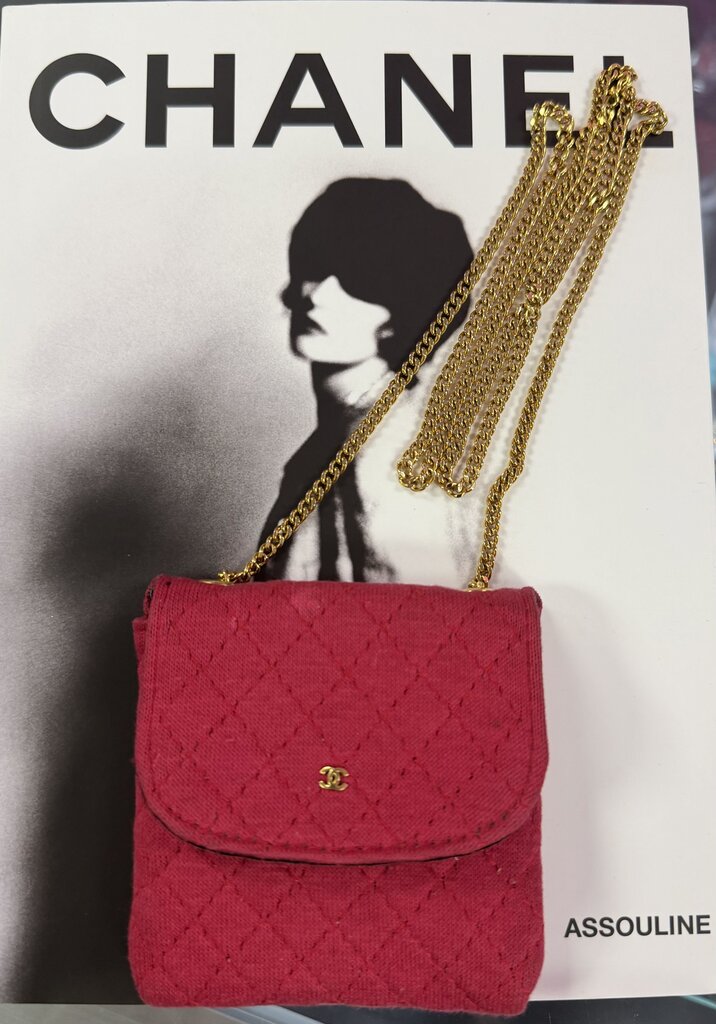 Chanel Mini Matelasse Chain Pouch Cotton Red Gold CC Auth 164298V