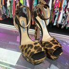 37.5/7.5 Prada Leopard Calf Hair Platform Sandals With Ankle Strap