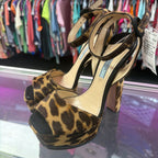 37.5/7.5 Prada Leopard Calf Hair Platform Sandals With Ankle Strap