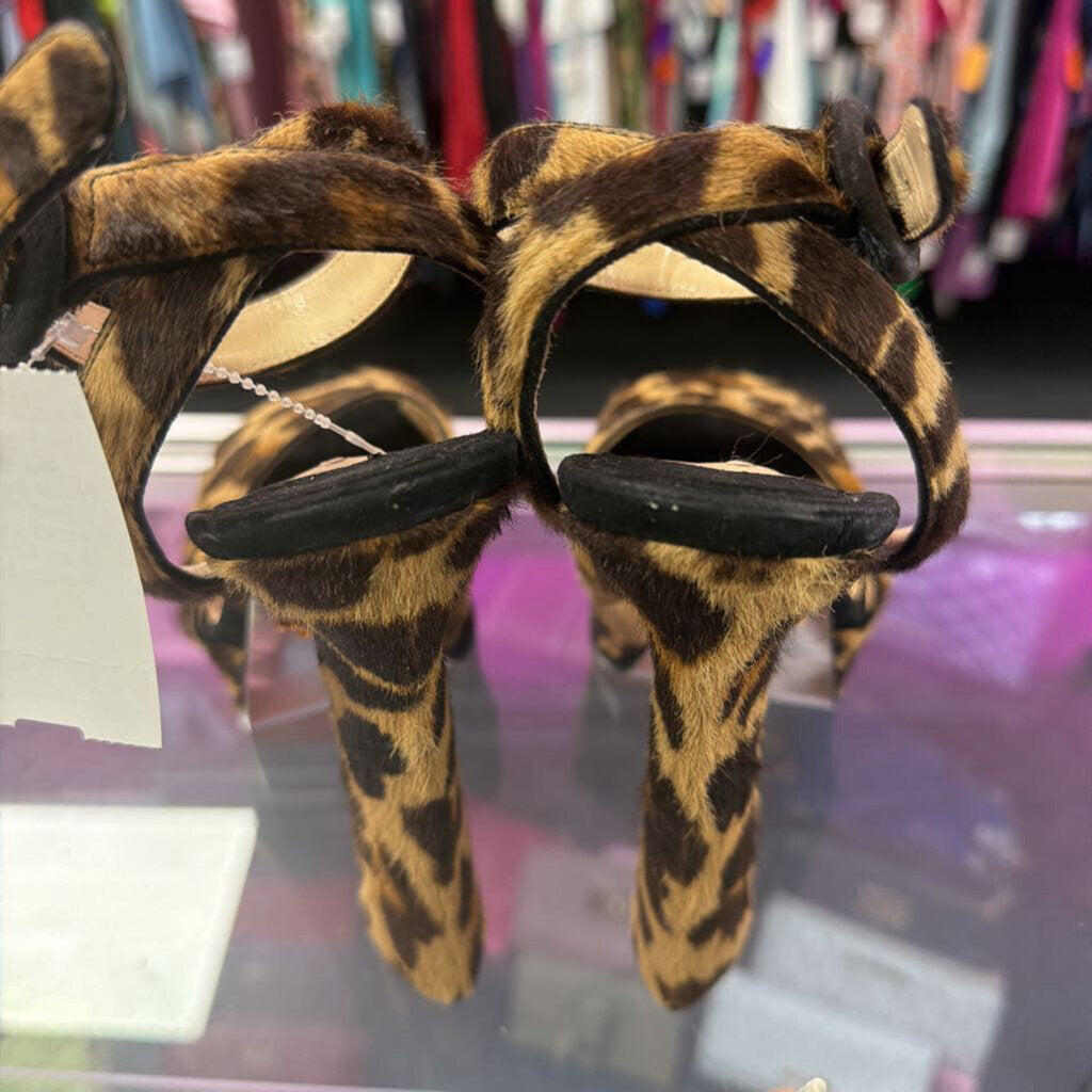 37.5/7.5 Prada Leopard Calf Hair Platform Sandals With Ankle Strap
