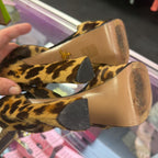 37.5/7.5 Prada Leopard Calf Hair Platform Sandals With Ankle Strap