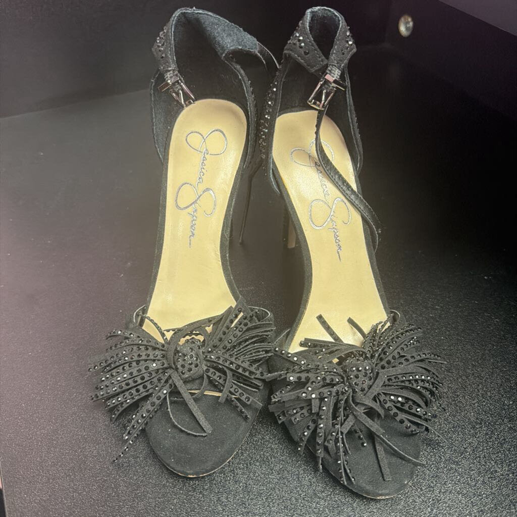7 Jessica Simpson Jillari Peep Toe Rhinestone Fringe Ankle Strap Heel