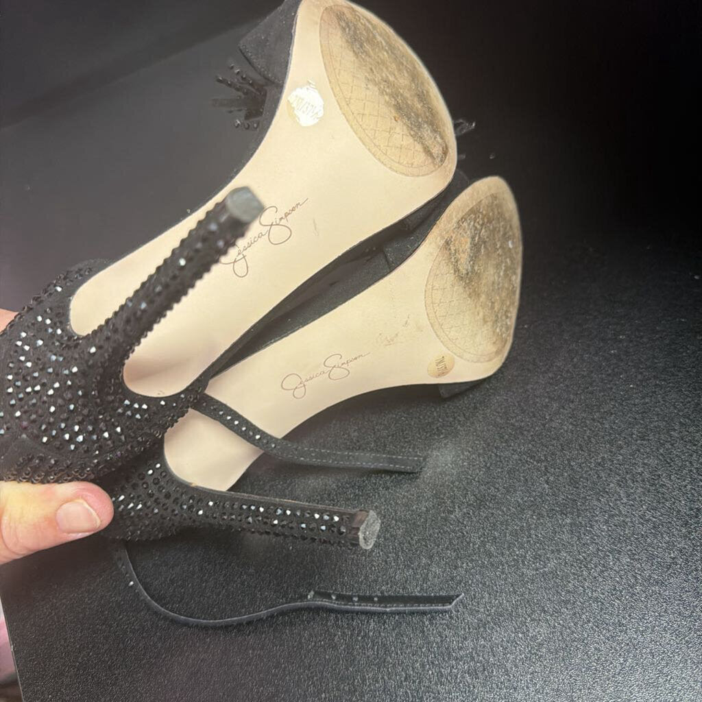7 Jessica Simpson Jillari Peep Toe Rhinestone Fringe Ankle Strap Heel