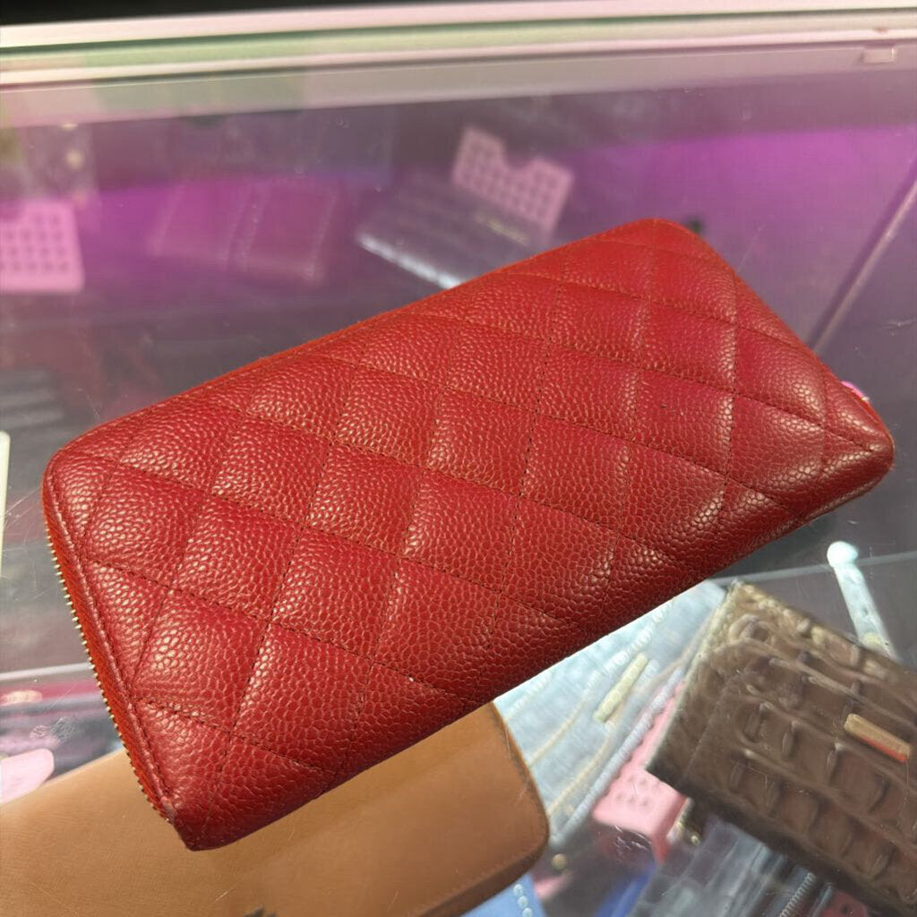 Chanel Matelasse Round Zipper Long Wallet Red Caviar Leather