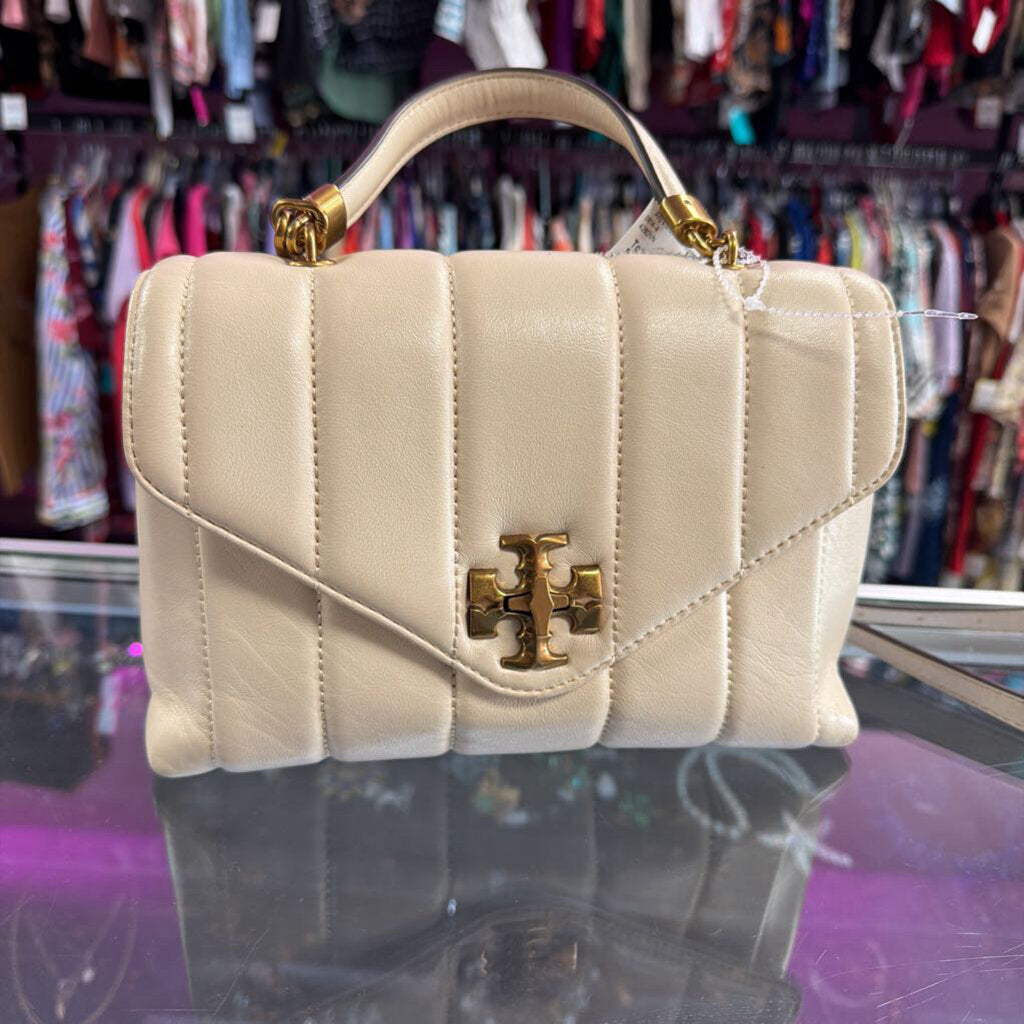 Tory Burch Kira Small Quilted Leather Top Handle Satchel Bag Cream