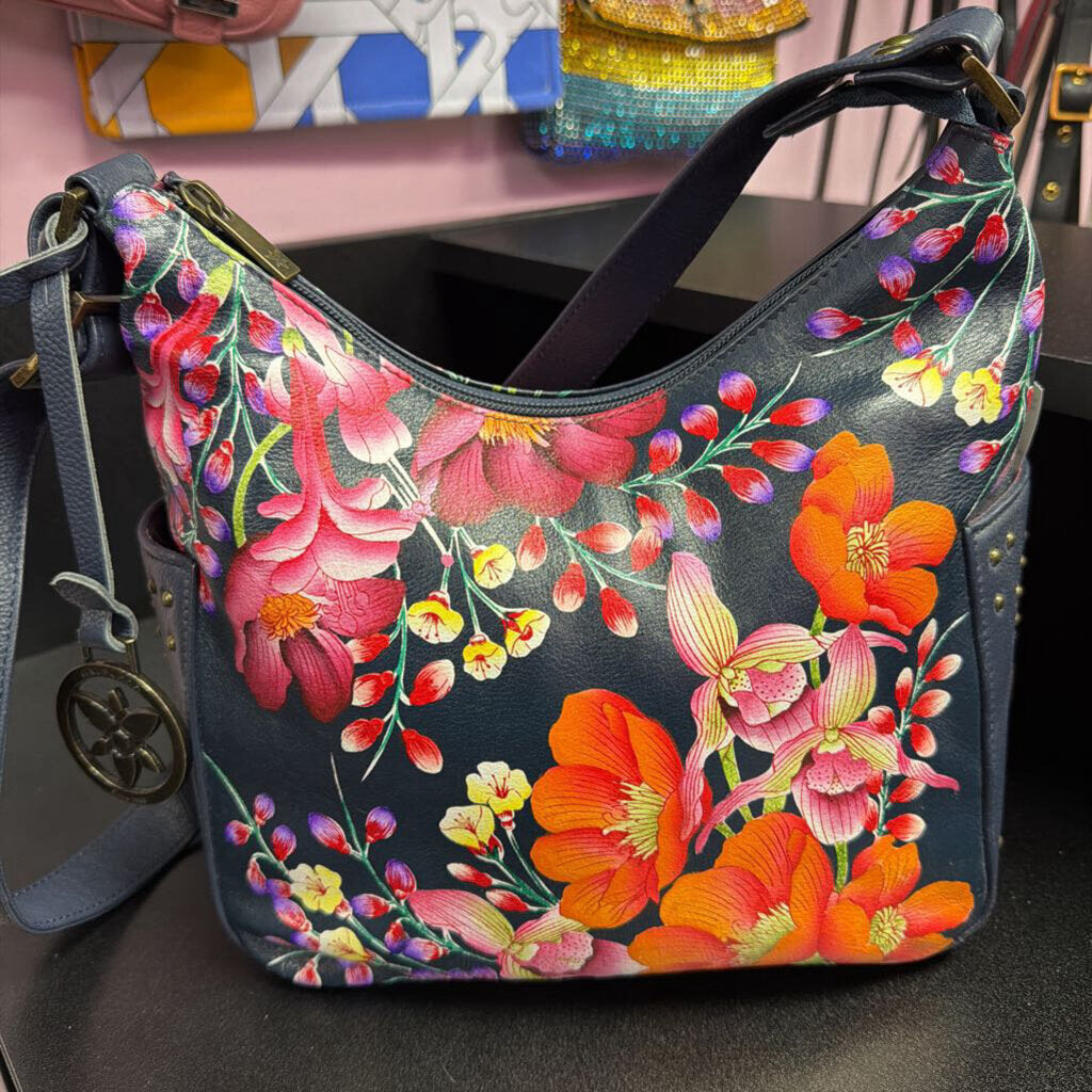 Anuschka Hand-Painted Leather Hobo Retro Bouquet Design Studded Detail