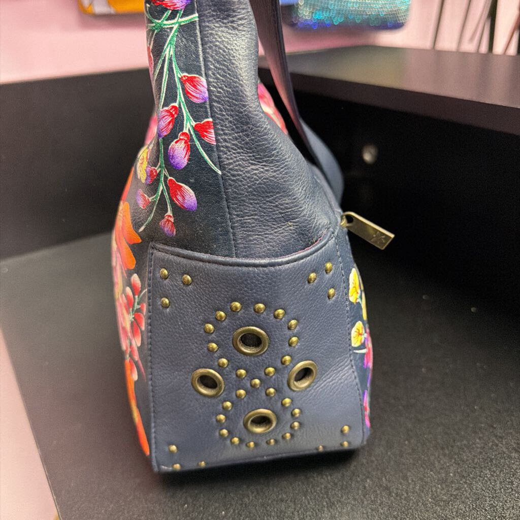 Anuschka Hand-Painted Leather Hobo Retro Bouquet Design Studded Detail