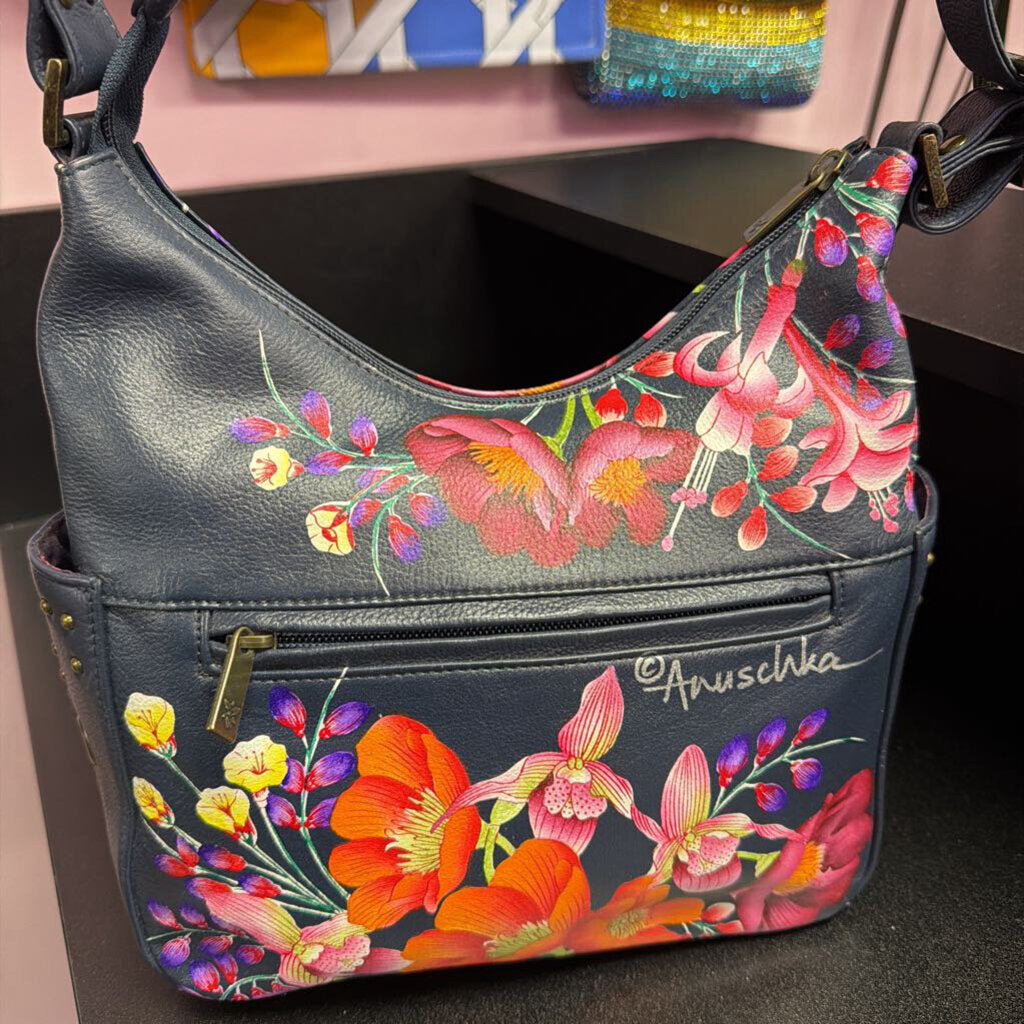 Anuschka Hand-Painted Leather Hobo Retro Bouquet Design Studded Detail