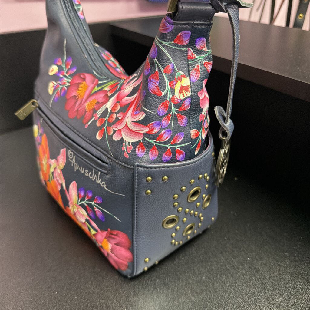 Anuschka Hand-Painted Leather Hobo Retro Bouquet Design Studded Detail