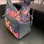 Anuschka Hand-Painted Leather Hobo Retro Bouquet Design Studded Detail