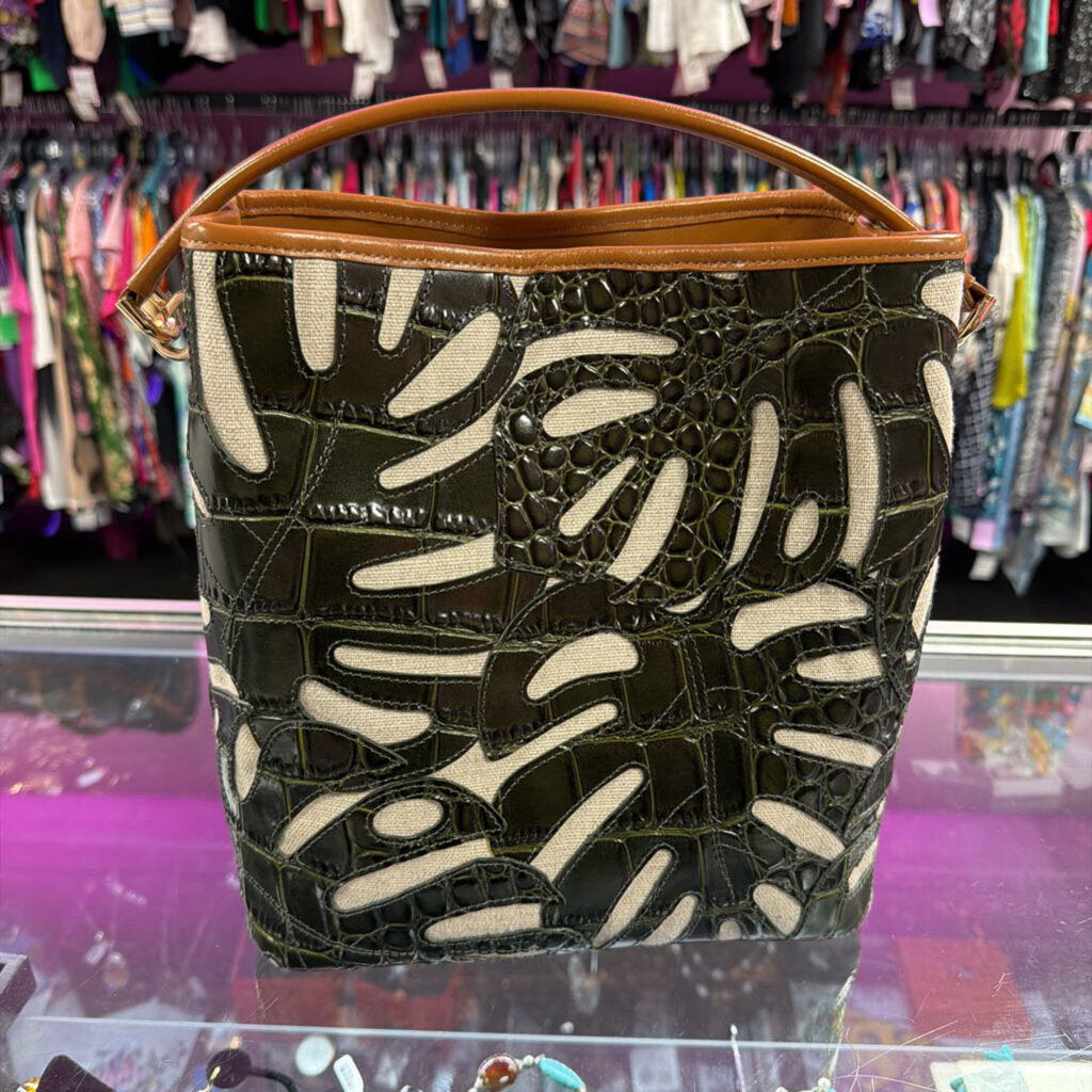 Brahmin Celina Bucket Cacti Green Abrigado Croc-Embossed Leather Cutouts Over Neutral Linen