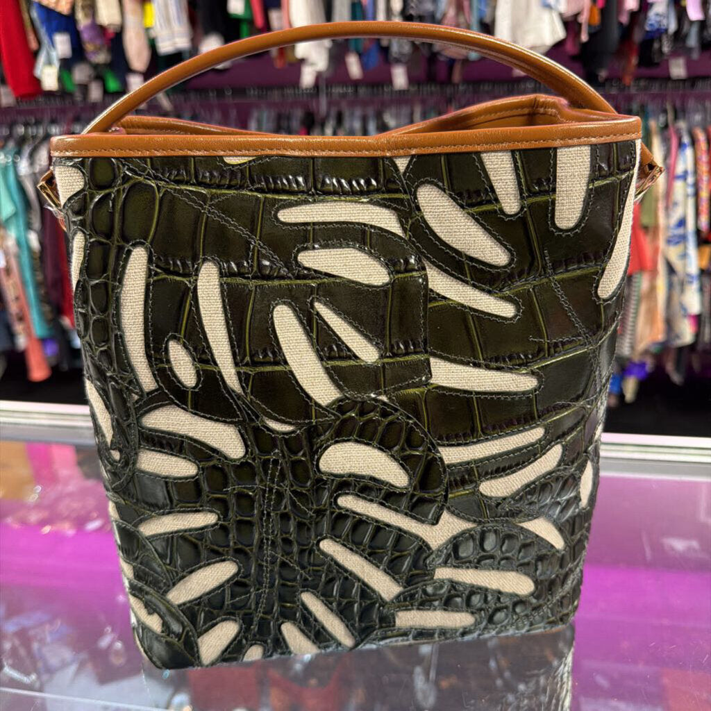 Brahmin Celina Bucket Cacti Green Abrigado Croc-Embossed Leather Cutouts Over Neutral Linen