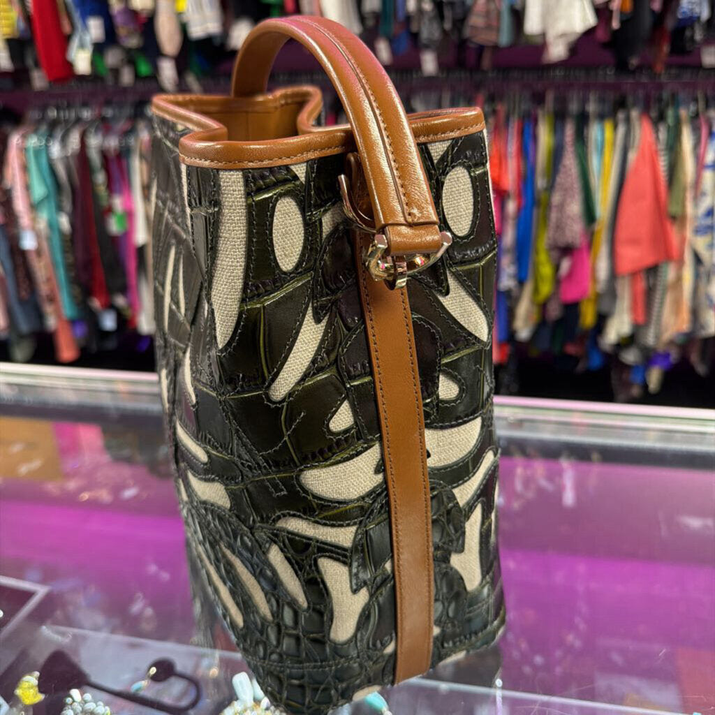Brahmin Celina Bucket Cacti Green Abrigado Croc-Embossed Leather Cutouts Over Neutral Linen