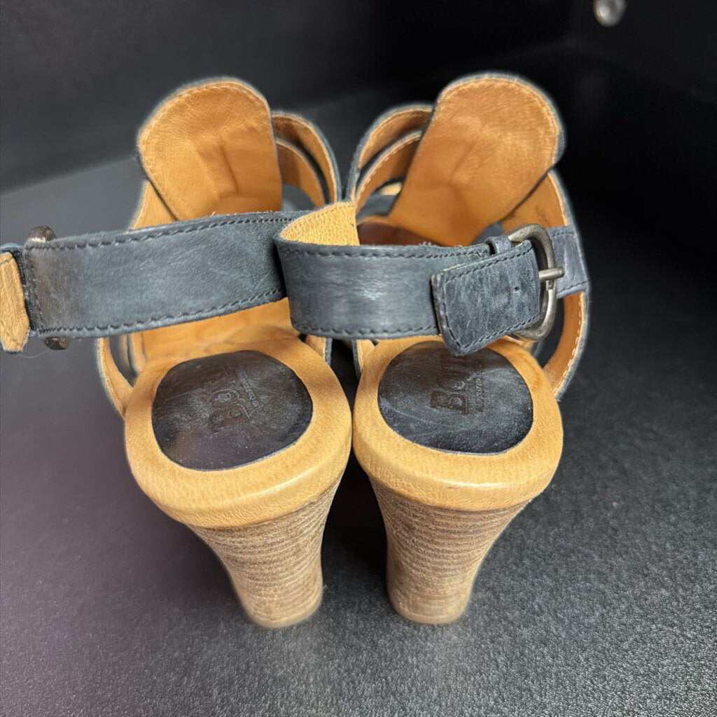 7M Born Elly Black Leather Thick Buckle Ankle Sandals