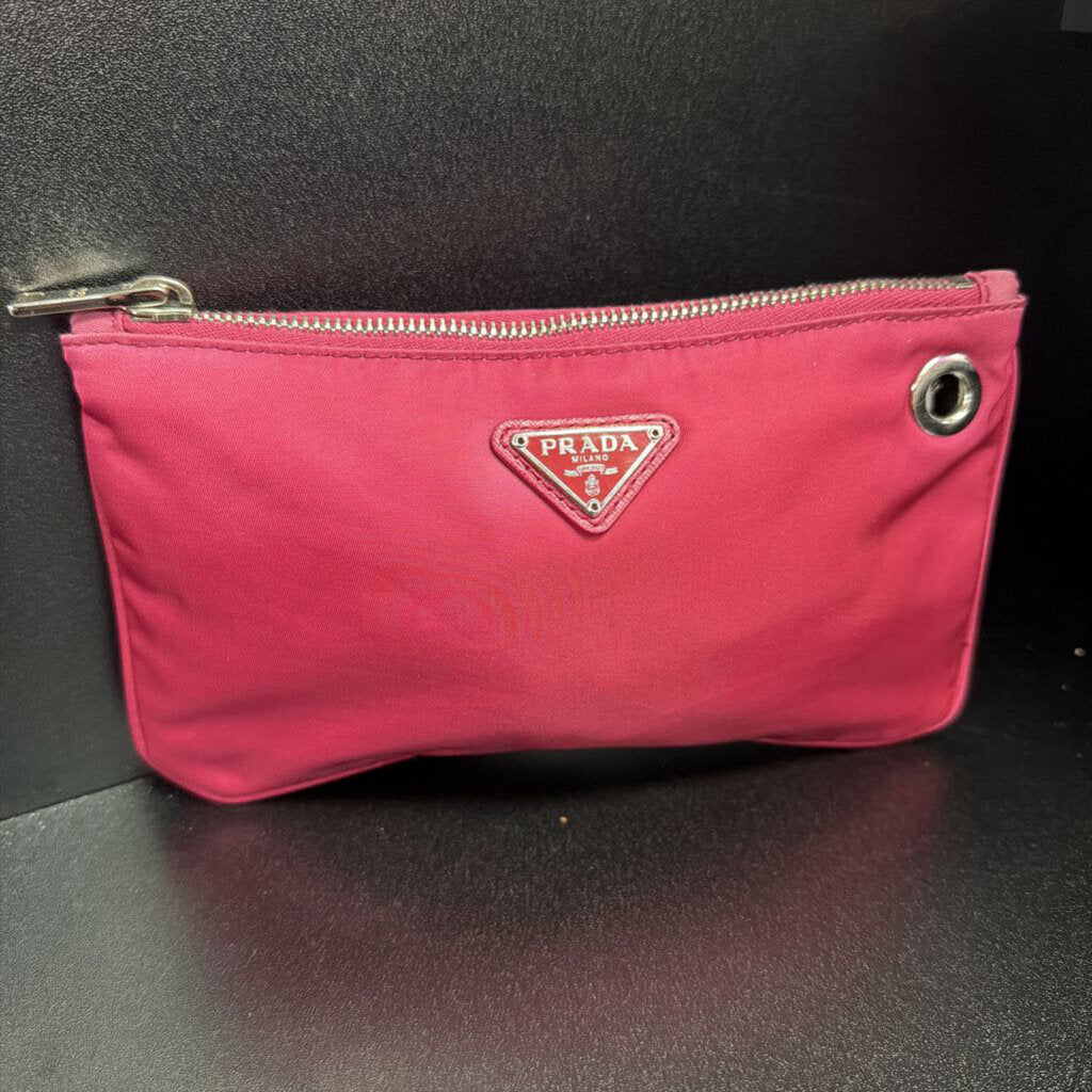 Prada Tessuto Nylon Black Wristlet Strap Clutch Pouch Bag Silver Hardware