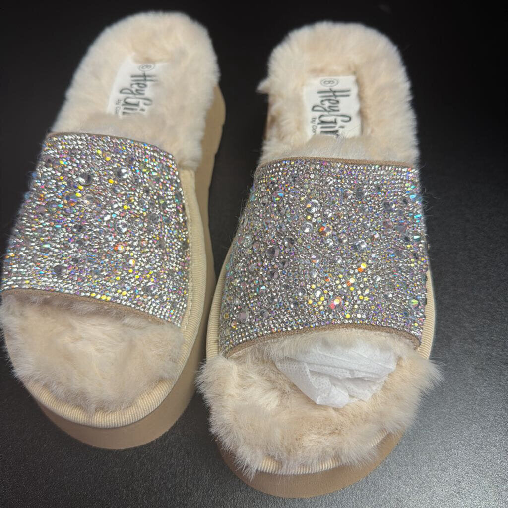 8 Corky's Footwear Hey Girl Platform rhinestone Strap Faux Fur Slides