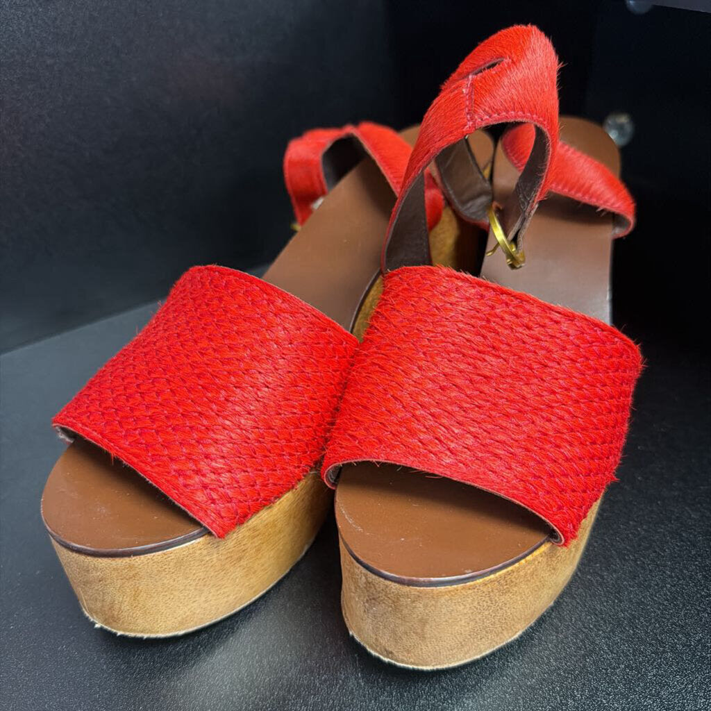 7.5 Tory Burch Wooden Camilla Texture Calf Hair Platform Ankle Strap Heel