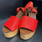 7.5 Tory Burch Wooden Camilla Texture Calf Hair Platform Ankle Strap Heel