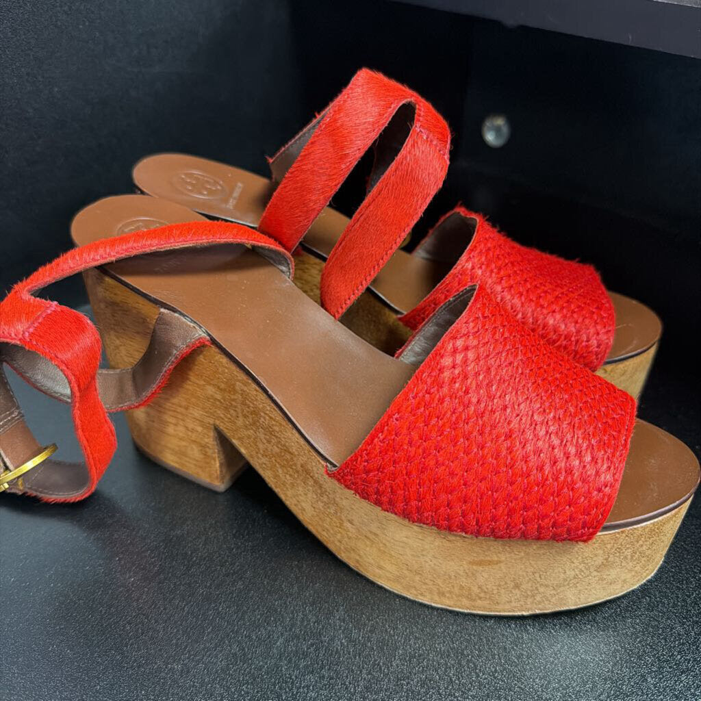7.5 Tory Burch Wooden Camilla Texture Calf Hair Platform Ankle Strap Heel