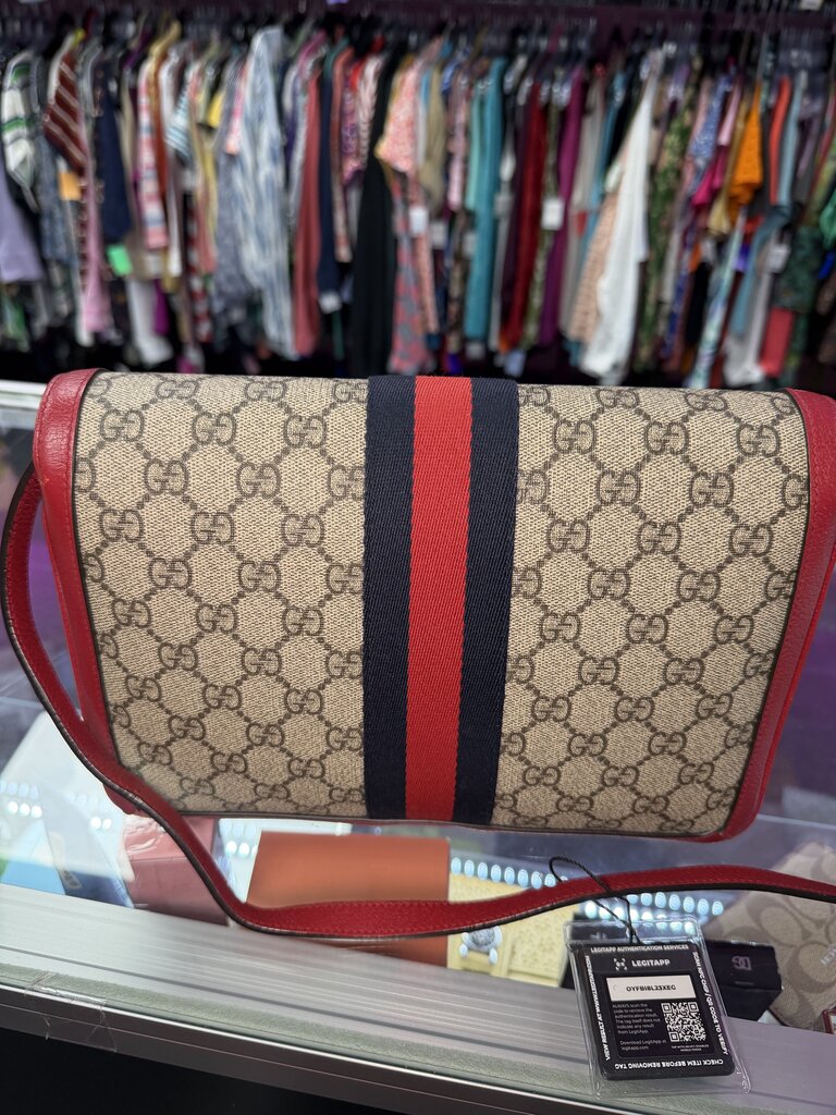 Gucci Queen Margaret Bee Sherry Line Brown Red Leather Trim Clutch/Crodssbody