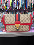 Gucci Queen Margaret Bee Sherry Line Brown Red Leather Trim Clutch/Crodssbody
