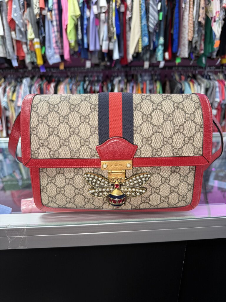 Gucci Queen Margaret Bee Sherry Line Brown Red Leather Trim Clutch/Crodssbody