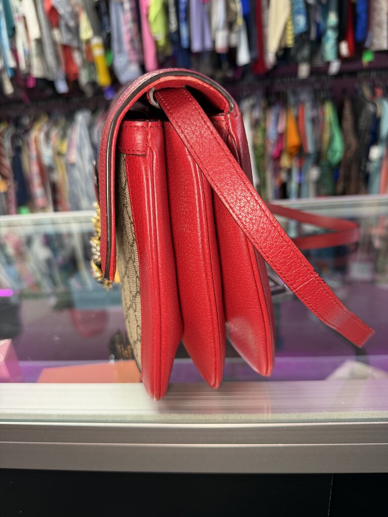 Gucci Queen Margaret Bee Sherry Line Brown Red Leather Trim Clutch/Crodssbody
