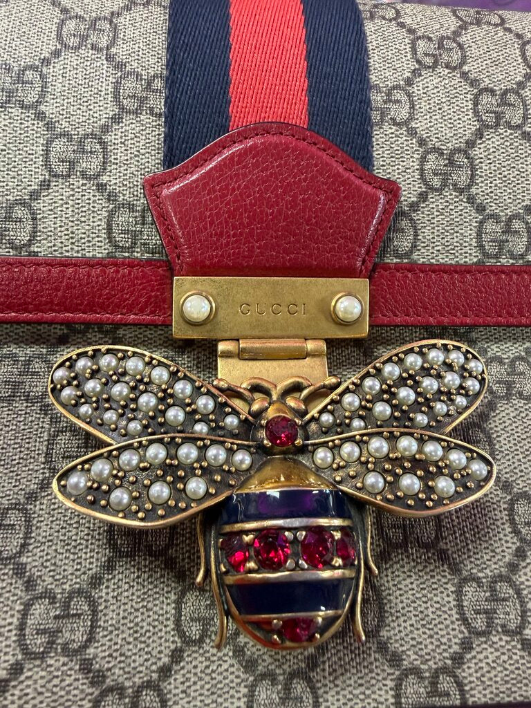 Gucci Queen Margaret Bee Sherry Line Brown Red Leather Trim Clutch/Crodssbody