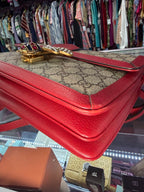 Gucci Queen Margaret Bee Sherry Line Brown Red Leather Trim Clutch/Crodssbody