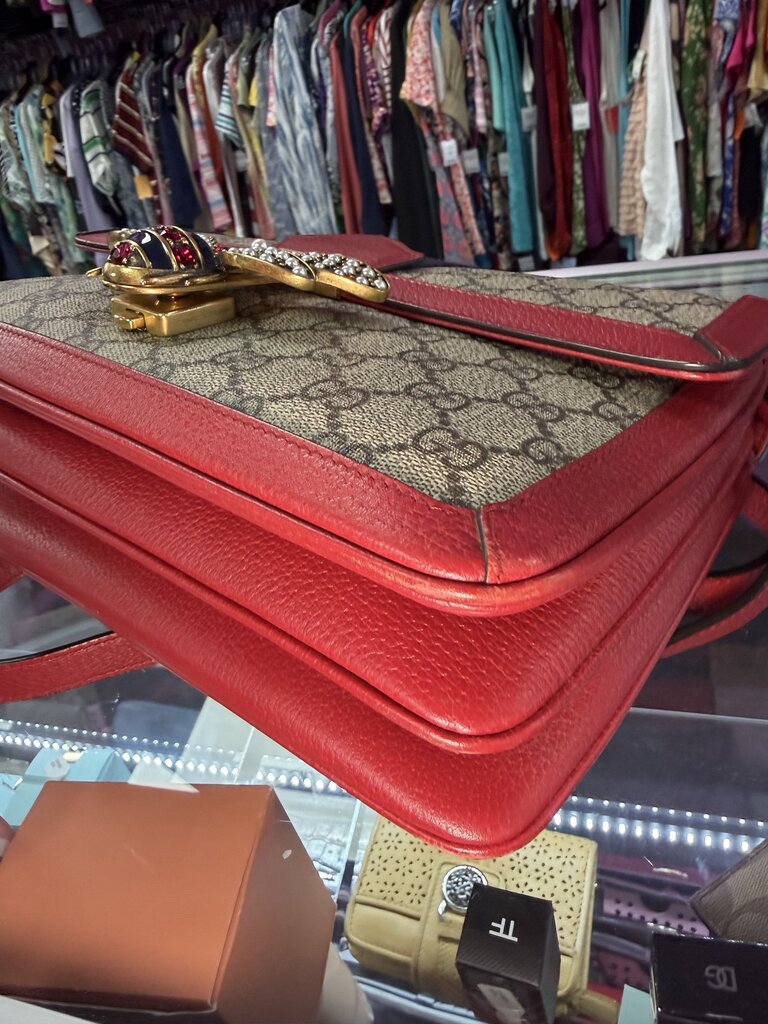 Gucci Queen Margaret Bee Sherry Line Brown Red Leather Trim Clutch/Crodssbody
