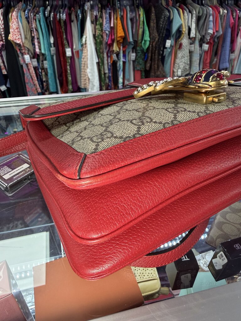 Gucci Queen Margaret Bee Sherry Line Brown Red Leather Trim Clutch/Crodssbody