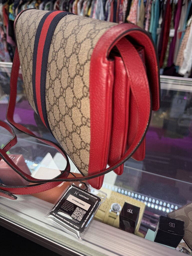 Gucci Queen Margaret Bee Sherry Line Brown Red Leather Trim Clutch/Crodssbody