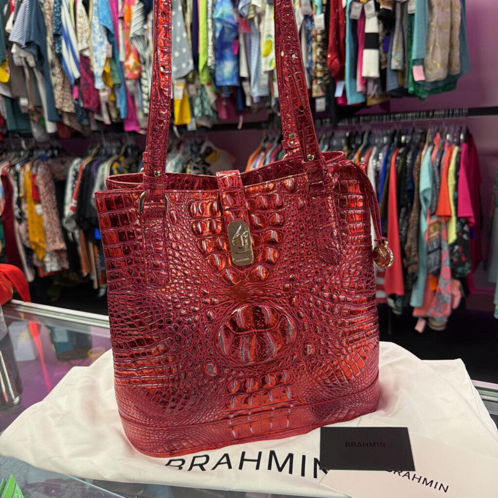 Brahmin Fiora Bucket Bag Vibrant Red Dragon Croc-Embossed