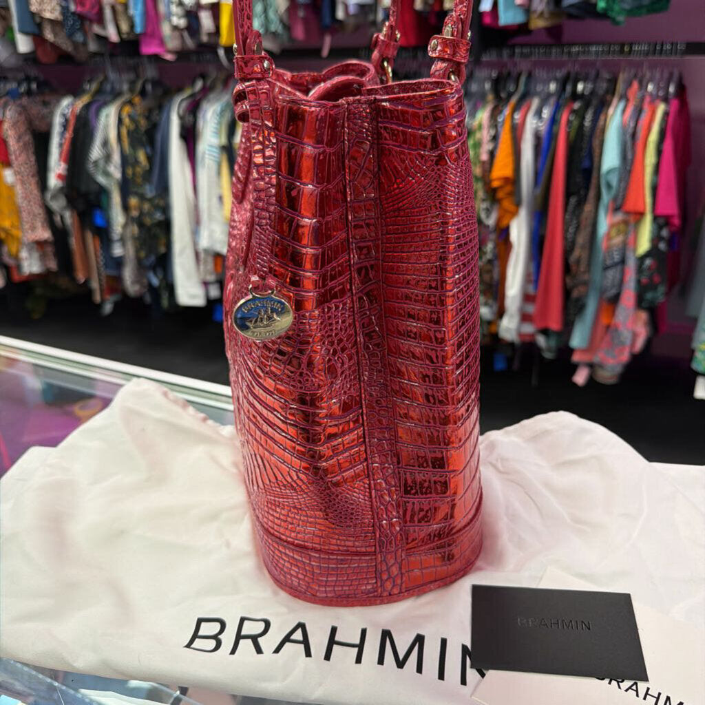Brahmin Fiora Bucket Bag Vibrant Red Dragon Croc-Embossed