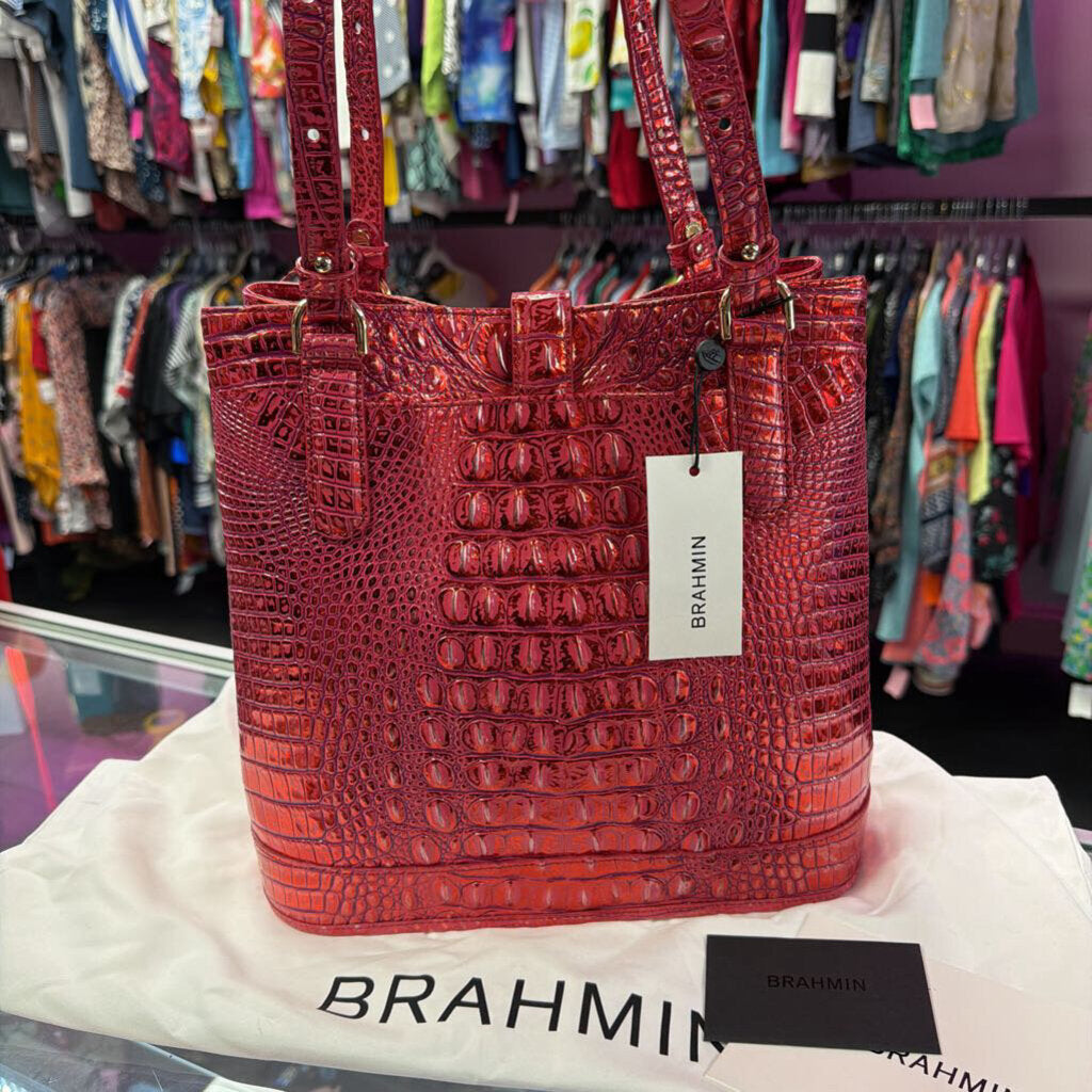 Brahmin Fiora Bucket Bag Vibrant Red Dragon Croc-Embossed
