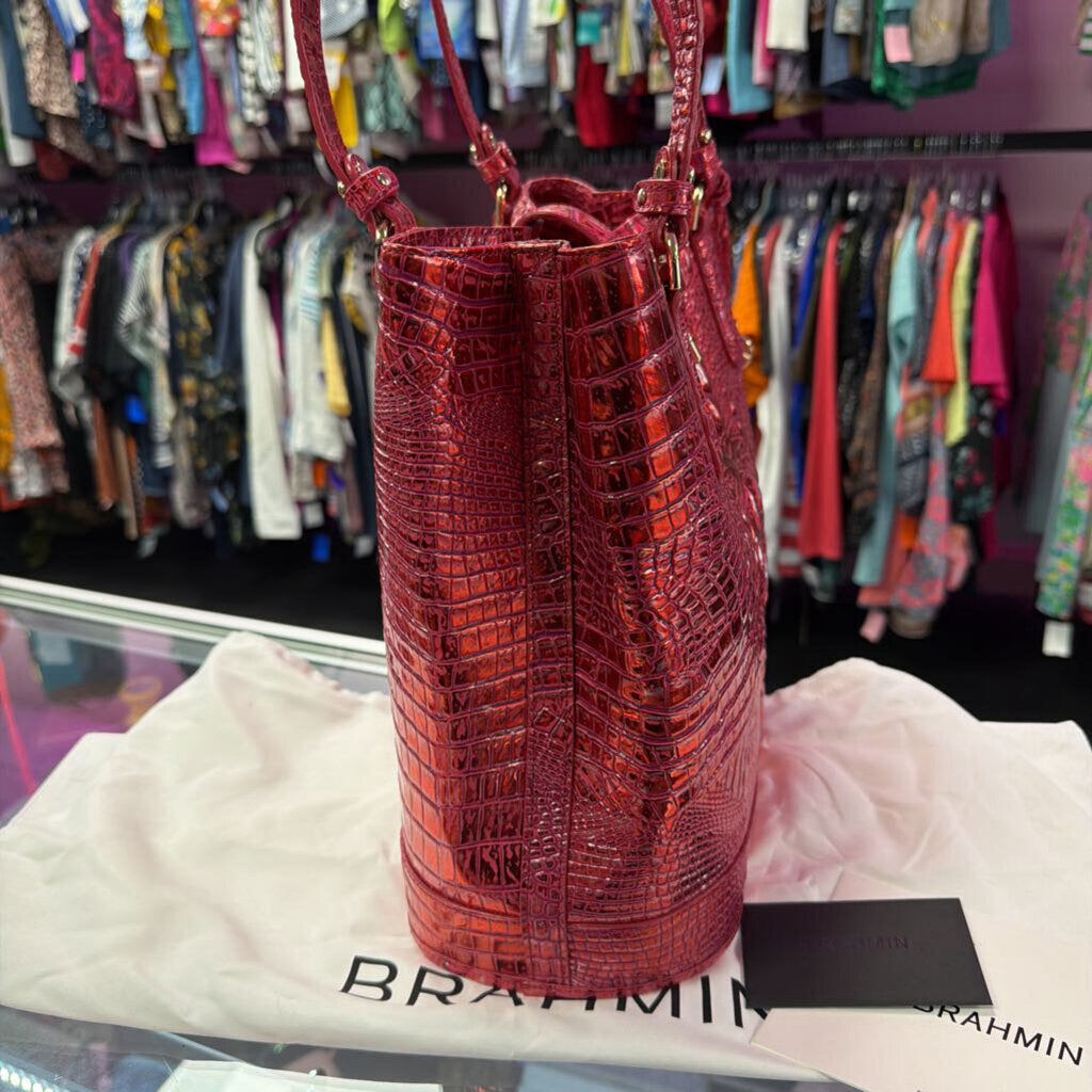 Brahmin Fiora Bucket Bag Vibrant Red Dragon Croc-Embossed