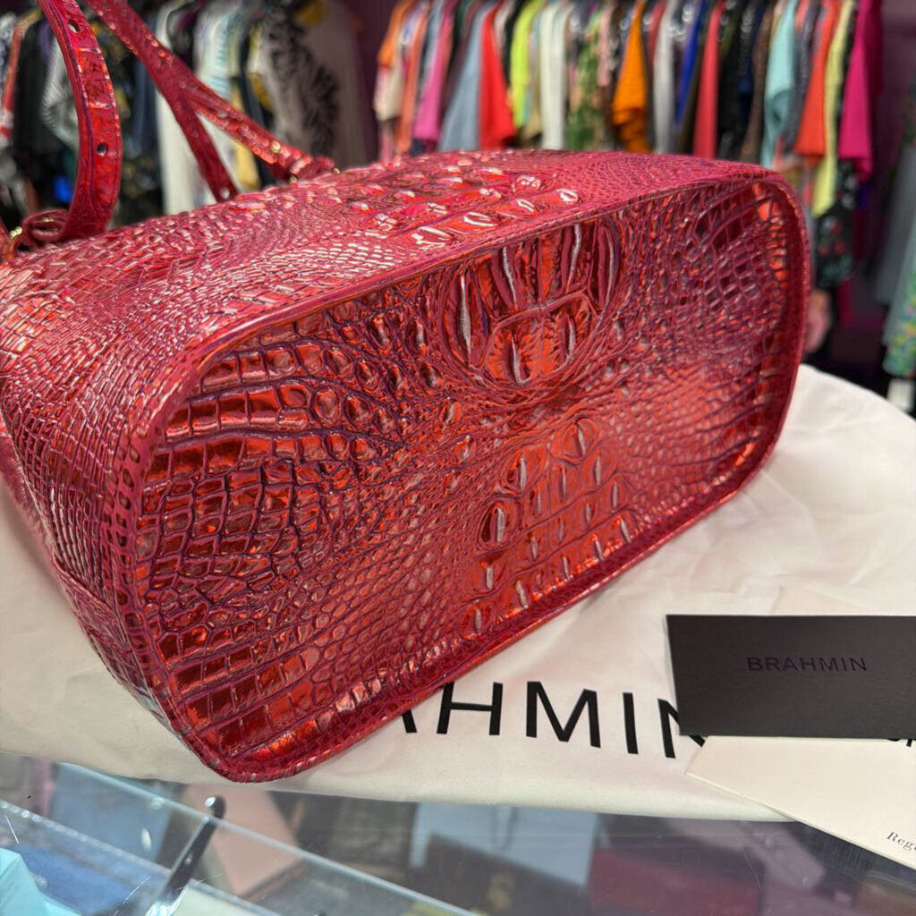 Brahmin Fiora Bucket Bag Vibrant Red Dragon Croc-Embossed