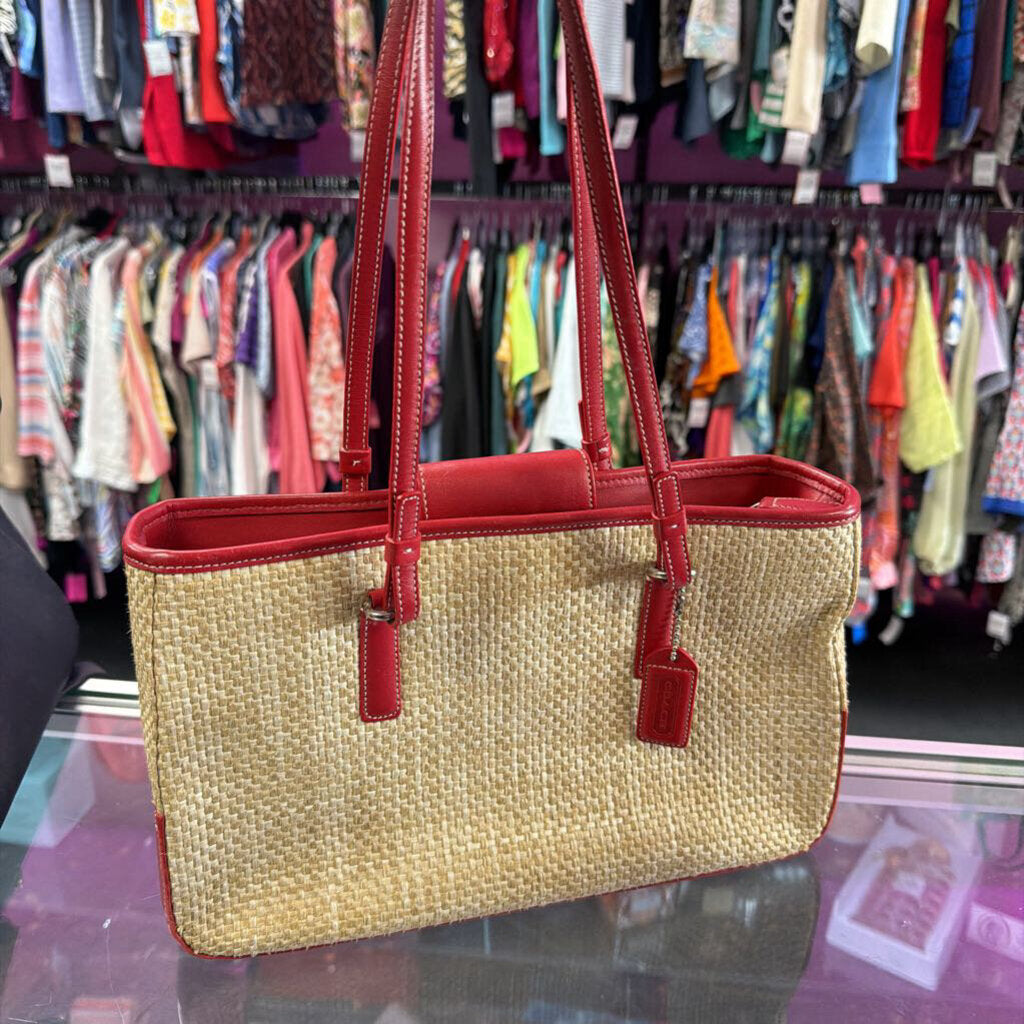 Coach Natural Cabana Straw Handbag Red Leather Trim