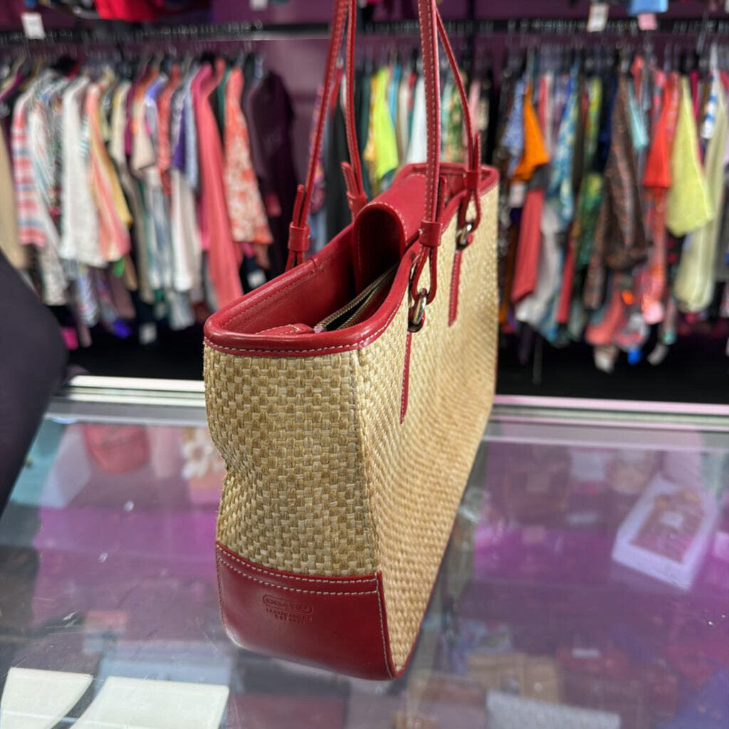 Coach Natural Cabana Straw Handbag Red Leather Trim
