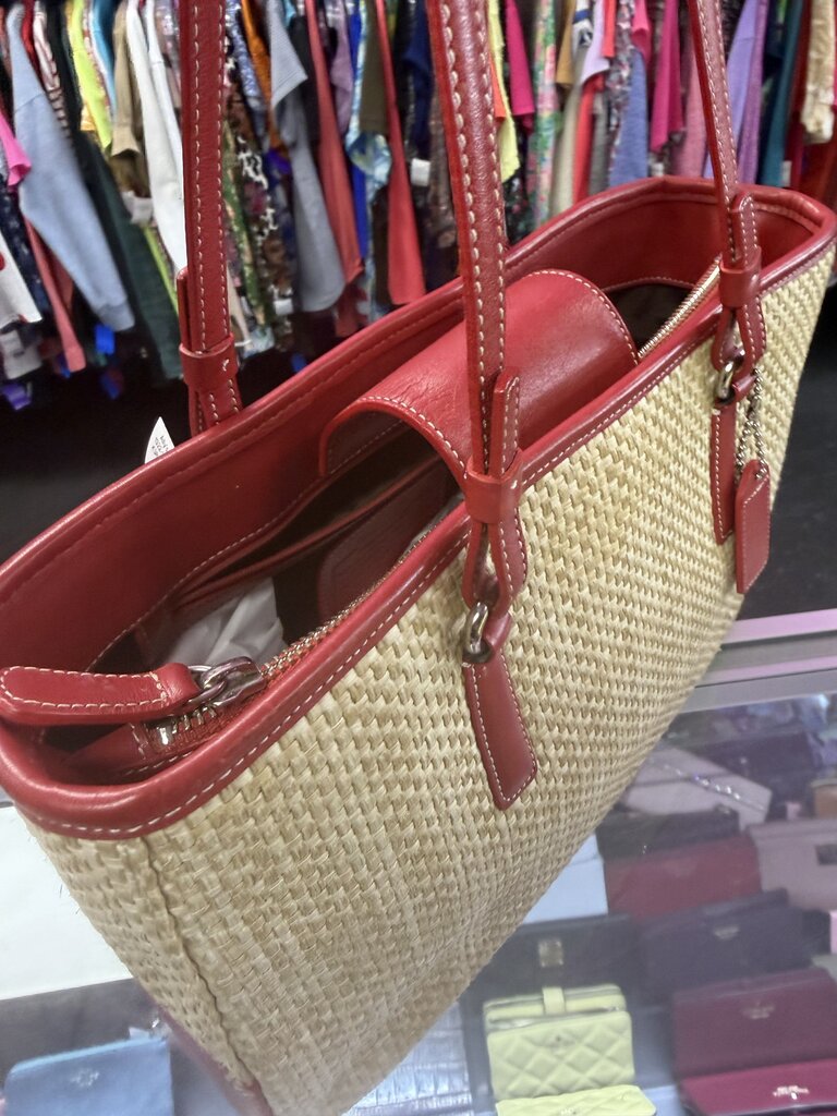 Coach Natural Cabana Straw Handbag Red Leather Trim