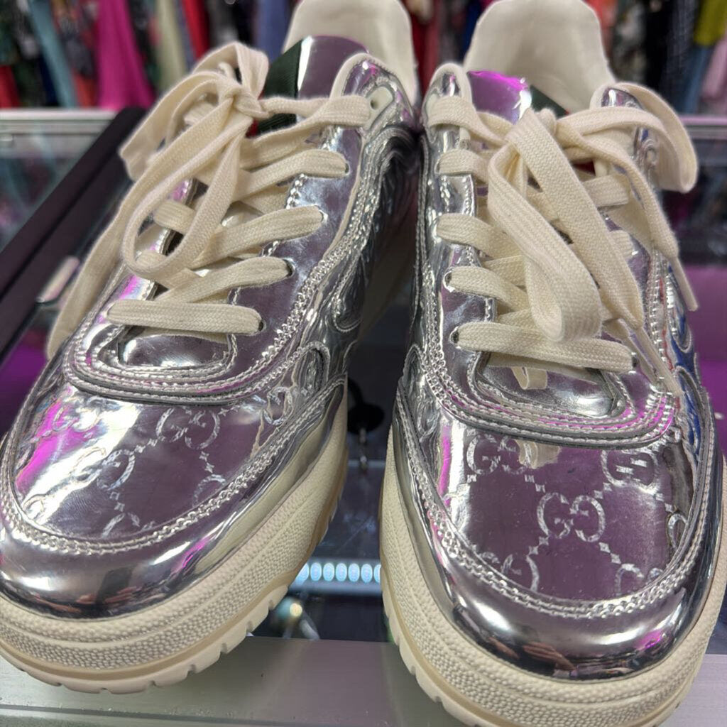Gucci Re-Web Monogram Sneaker Silver Metallic Leather