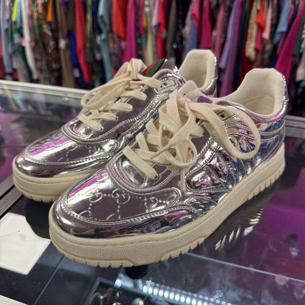 Gucci Re-Web Monogram Sneaker Silver Metallic Leather