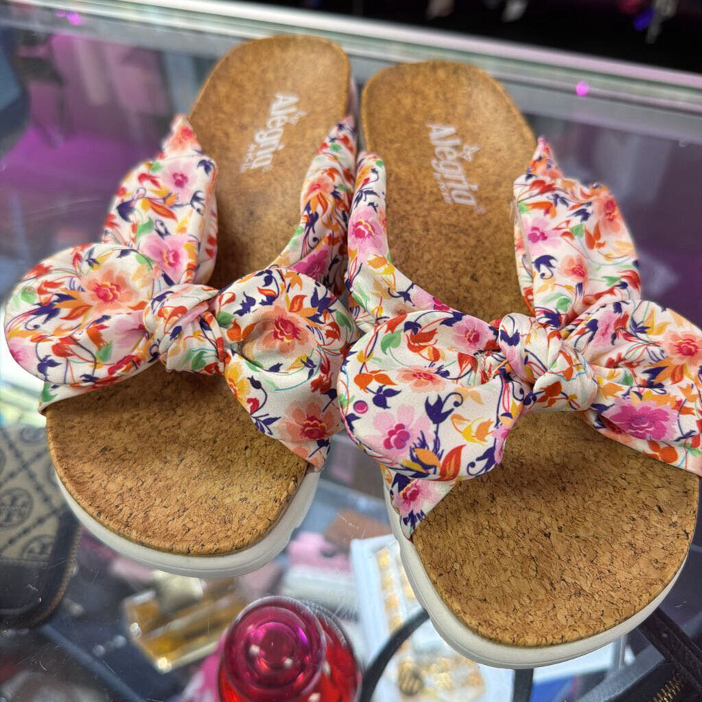 6/37 Alegria Adjustable Slide Satin Floral Bow Detail Cork Sole Sandal
