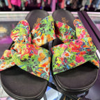 6/37 Alegria Adjustable Slide Satin Floral Bow Detail Cork Sole Sandal