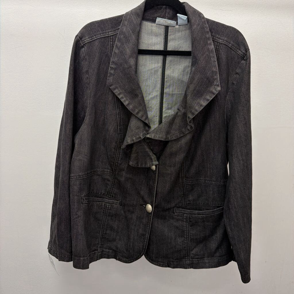 1X L/S Denim Ruffle V Neck Blazer