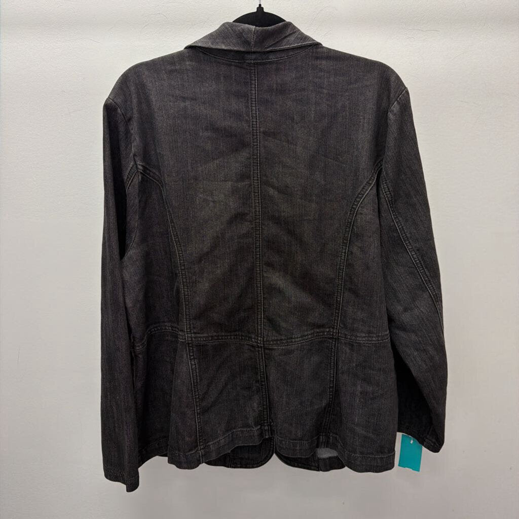 1X L/S Denim Ruffle V Neck Blazer