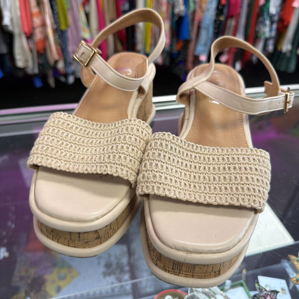8 Sheln Cork Platform Ankle Strap Crochet Band Sandal